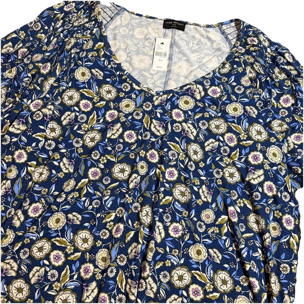 Lane Bryant Short Sleeve Floral Jersey Blouse Plus 30 Blue Floral Soft Swing NWT